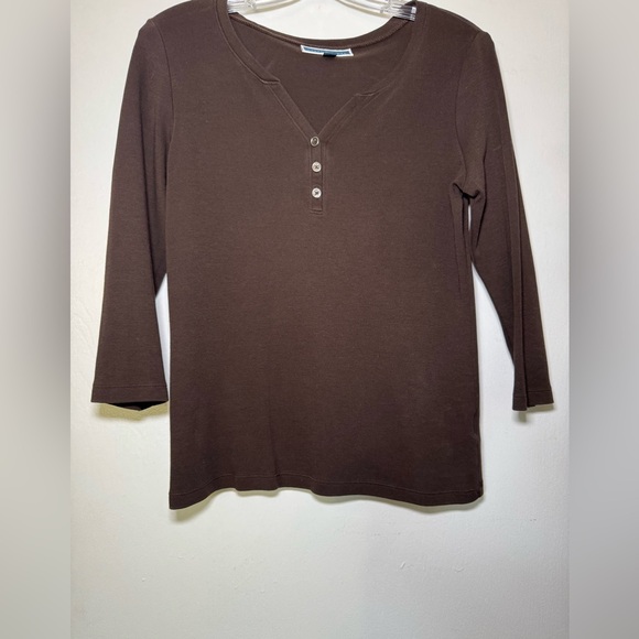 Karen Scott 3/4-Sleeve Henley Shirt, Brown Size Small 100% cotton - Picture 2 of 5